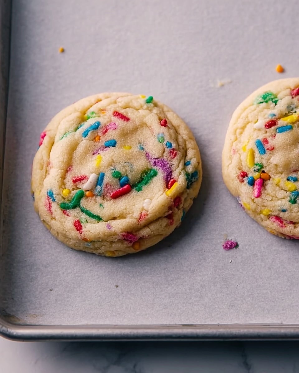 Two round cookies with a soft texture are placed on a baking tray lined with light gray parchment paper. Each cookie is beige with colorful sprinkles embedded throughout, including red, green, yellow, blue, and purple. The tray sits on a white marbled surface, and the cookies have a slightly puffy and uneven surface, showing a homemade appearance. Photo taken with an iphone --ar 4:5 --v 7