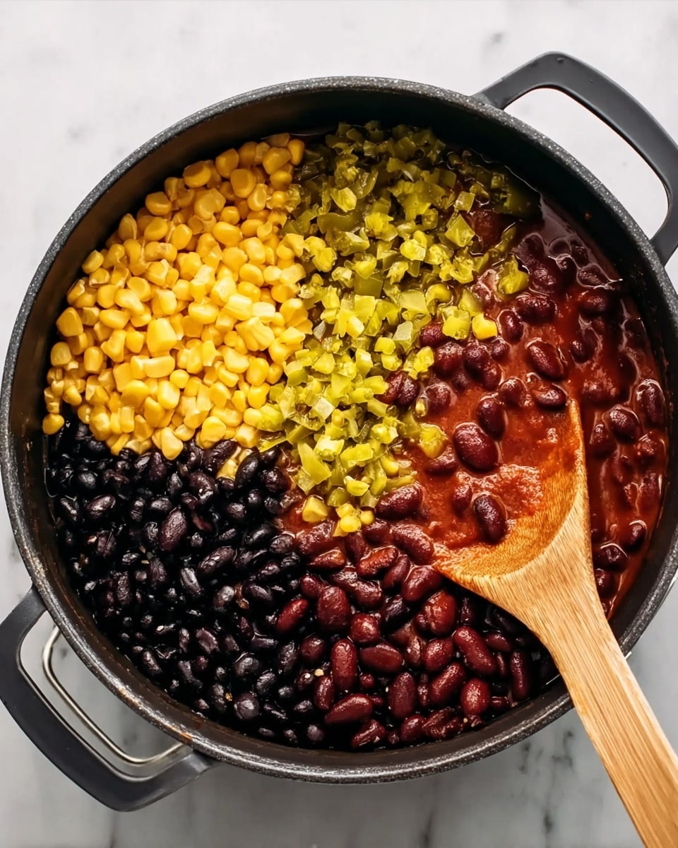 A black pot filled with four visible layers next to each other: bright yellow corn kernels in the top left, dark black beans in the bottom left, chopped green chilies in the center right, and reddish beans in tomato sauce covering the right side. A wooden spoon rests on the right edge of the pot, partially submerged in the red sauce. The pot sits on a white marbled surface. photo taken with an iphone --ar 4:5 --v 7