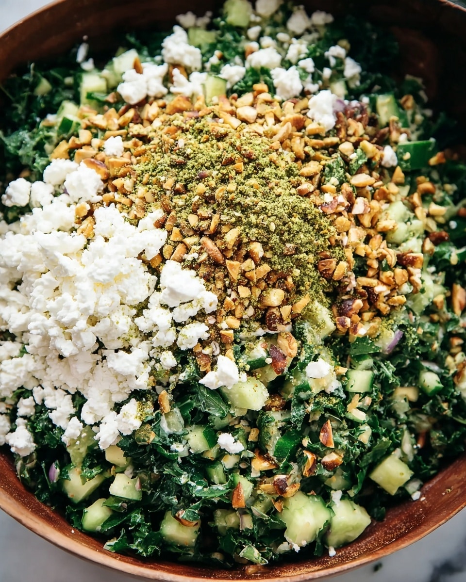 A close-up view of a salad in a large white bowl showing multiple layers of ingredients. At the base, there are chopped dark green leafy herbs mixed with small cubes of light green cucumber. On top, there is a thick layer of crushed golden brown nuts and green seasoning powder scattered evenly. The upper layer consists of roughly crumbled white cheese spread unevenly, adding a soft texture contrast. The colors range from deep and bright greens to light creamy whites and warm nutty browns, highlighting freshness and richness. The background is a white marbled surface. Photo taken with an iphone --ar 4:5 --v 7