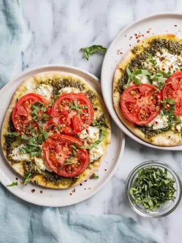 Flatbread Pizza with Ricotta, Mozzarella, Tomato, and Pesto Recipe