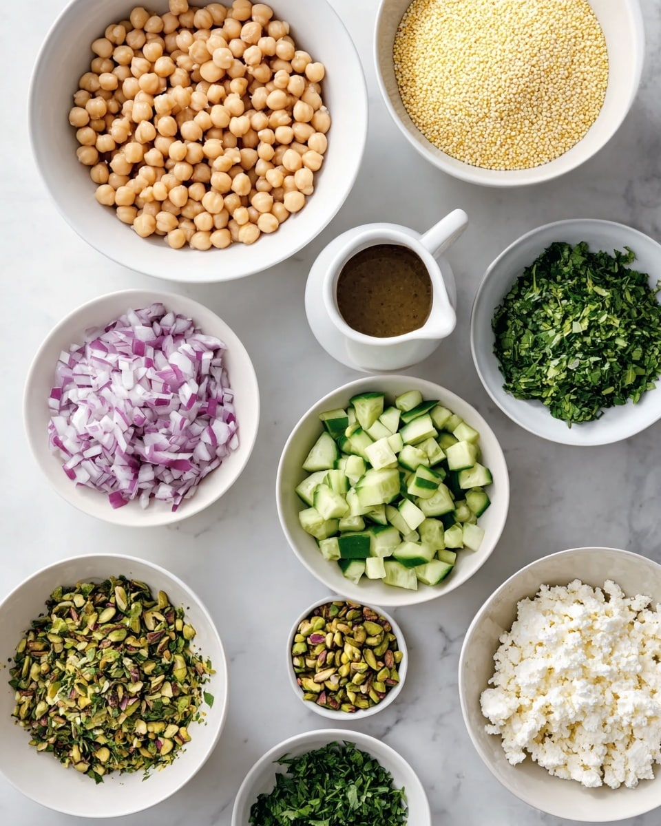 The image shows a collection of white bowls with different ingredients arranged on a white marbled surface. There are eight bowls: one with small beige chickpeas, one with pale yellow round couscous, one with chopped light purple onions, one with chopped light green cucumber, one with finely chopped dark green herbs, one with small white cheese chunks, one with coarsely chopped medium green herbs, and one small bowl with crushed pistachios. There is also a white small pitcher with a brown dressing next to the bowls. The ingredients are neatly placed and brightly lit, showing their fresh and natural colors photo taken with an iphone --ar 4:5 --v 7