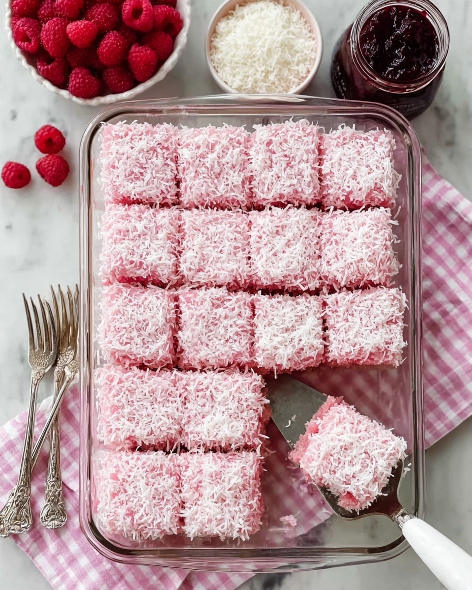 A clear glass rectangular dish filled with 16 square pieces of pink cake topped with shredded coconut, each piece neatly arranged in a 4 by 4 grid. The pink topping has a soft, fluffy texture with a sprinkle of white shredded coconut covering the surface evenly. The dish is set on a white marbled surface, beside a white bowl filled with fresh raspberries, a jar of dark red jam, and a small bowl of shredded coconut. A pink and white checkered cloth is partially visible under the dish, and a metal spatula with a white handle lifts one piece out from the dish, showing the thick, moist layers underneath the coconut topping. Two decorative silver forks lie nearby on the white marbled background photo taken with an iphone --ar 4:5 --v 7