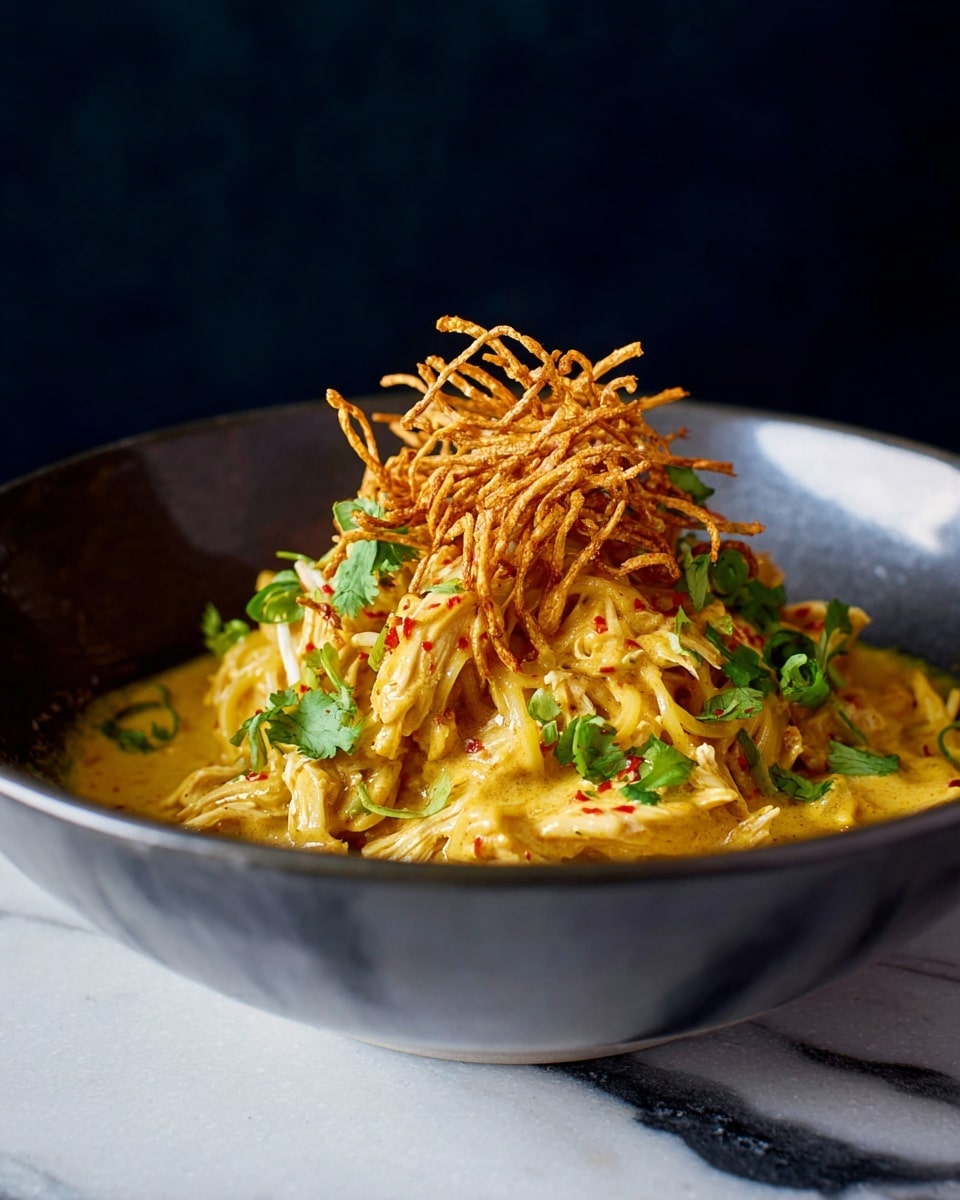 A deep white bowl holds a layered dish starting with creamy yellow curry sauce at the base. On top lies a generous amount of shredded white chicken mixed with flat, pale yellow noodles. The dish is sprinkled with small red chili flakes and fresh green cilantro leaves scattered across. On the very top, a nest of crispy, thin golden fried noodles adds height and texture. The bowl sits on a white marbled surface with a dark blurred background, photo taken with an iphone --ar 4:5 --v 7