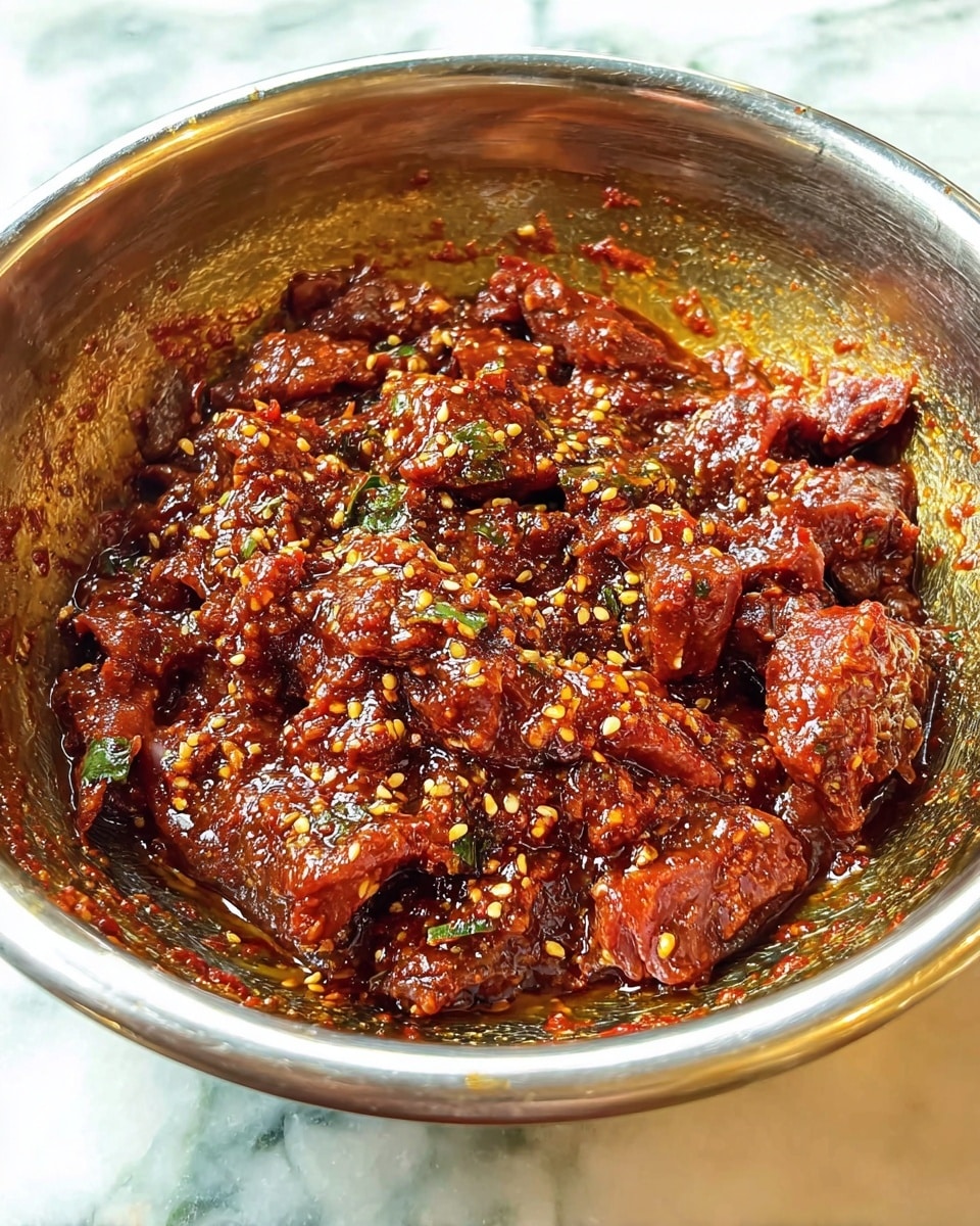 A silver metal bowl filled with a reddish-brown marinated meat mixture, with visible small pieces of meat coated in a thick, glossy sauce sprinkled with yellow sesame seeds and green herbs. The meat chunks look tender and are layered evenly inside the bowl, which itself sits on a white marbled surface. Photo taken with an iphone --ar 4:5 --v 7