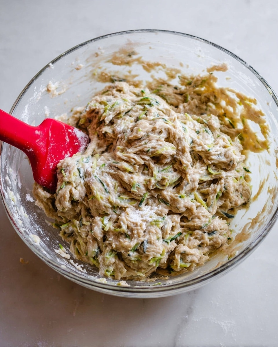 A clear glass bowl holds thick, sticky dough with visible strands of green zucchini mixed in, creating a textured, uneven surface with patches of white flour dusted on top. A red spatula sticks into the dough on the left side, resting against the bowl's inner wall. The bowl sits on a white marbled surface with soft natural lighting highlighting the dough's moist and rough texture. photo taken with an iphone --ar 4:5 --v 7