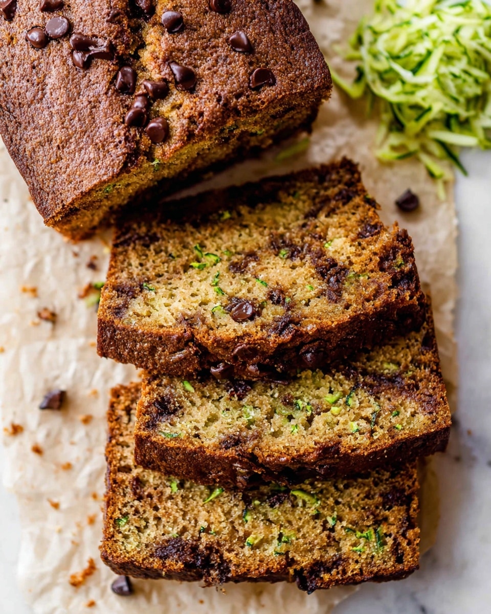 A loaf of golden brown zucchini bread is shown, partially sliced with three thick slices lying flat in front. The bread has a moist texture with green flecks of zucchini visible inside and scattered chocolate chips throughout, some melted. The crust is slightly darker and rough in texture, studded with more chocolate chips on top. To the side, there is a small pile of shredded green zucchini on parchment paper. The whole scene is set on a white marbled surface photo taken with an iphone --ar 4:5 --v 7
