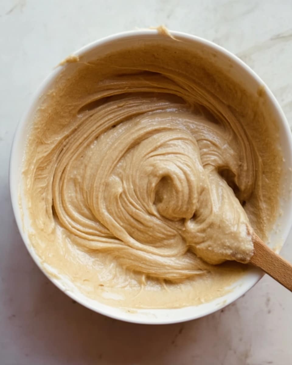 The image shows a white ceramic bowl containing a light tan, smooth and thick batter with visible swirls and folds from mixing. A wooden spoon is partially dipped in the batter on the right side, showing the batter’s creamy texture. The bowl rests on a white marbled surface, enhancing the creamy light brown color of the batter inside, with the batter spread thinly towards the edges of the bowl. photo taken with an iphone --ar 4:5 --v 7