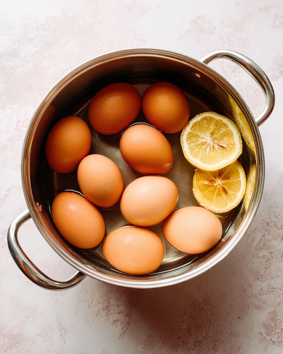 A silver metal pot with two handles holds ten brown eggs and two lemon halves filled with water. The eggs are smooth and oval, floating gently inside the pot. The lemon halves show bright yellow flesh with visible seeds and a textured peel, placed near the top and side of the pot. The pot sits on a white marbled surface that adds light contrast to the warm tones of the eggs and lemons. photo taken with an iphone --ar 4:5 --v 7