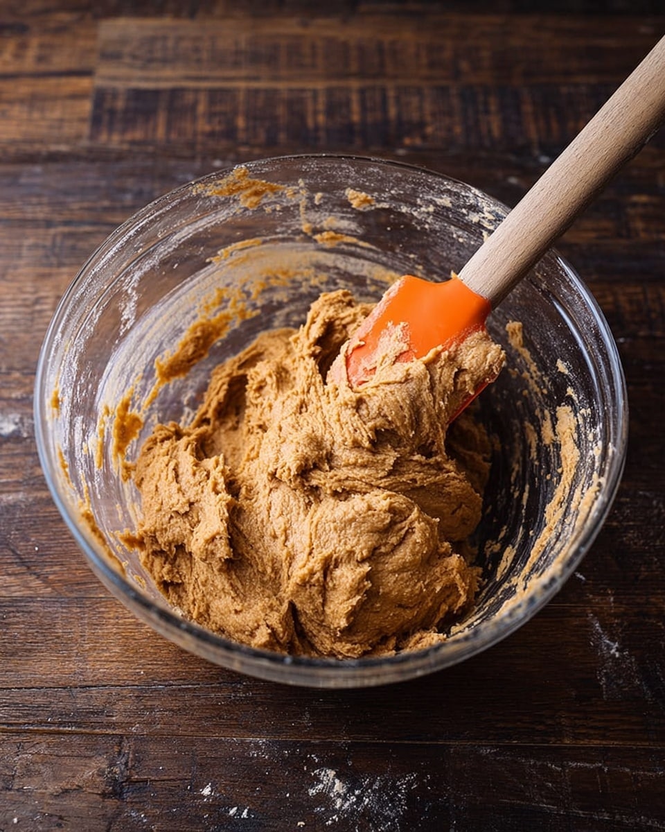 A clear glass bowl filled with thick, brown dough that has a slightly rough texture, resting on a dark wooden surface. Inside the bowl, an orange spatula with a wooden handle is partially buried in the dough, lifting some of it, showing the dough's dense consistency. The bowl's inner sides have smudges of dough, and some flour traces are visible on the base of the bowl. photo taken with an iphone --ar 4:5 --v 7
