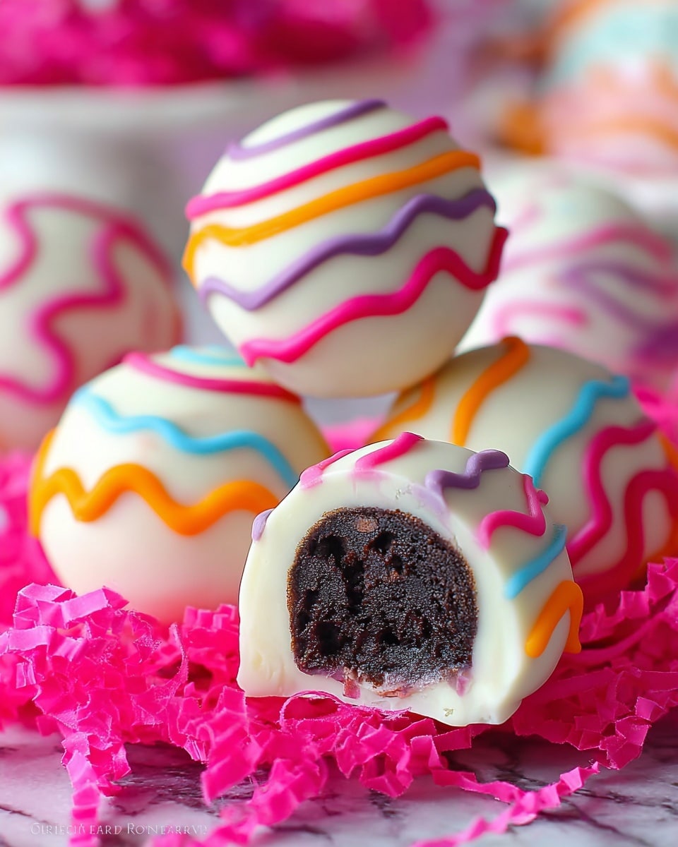 The image shows white chocolate Easter eggs with a shiny white outer shell decorated with zigzag lines in red, yellow, and purple, arranged on bright pink shredded paper. One egg on top is cut open, revealing a dark, rich, and textured filling inside. The outer shell is smooth and firm, while the filling looks moist and dense. The eggs sit against a soft-focused green and pink background with a white marbled surface beneath. photo taken with an iphone --ar 4:5 --v 7