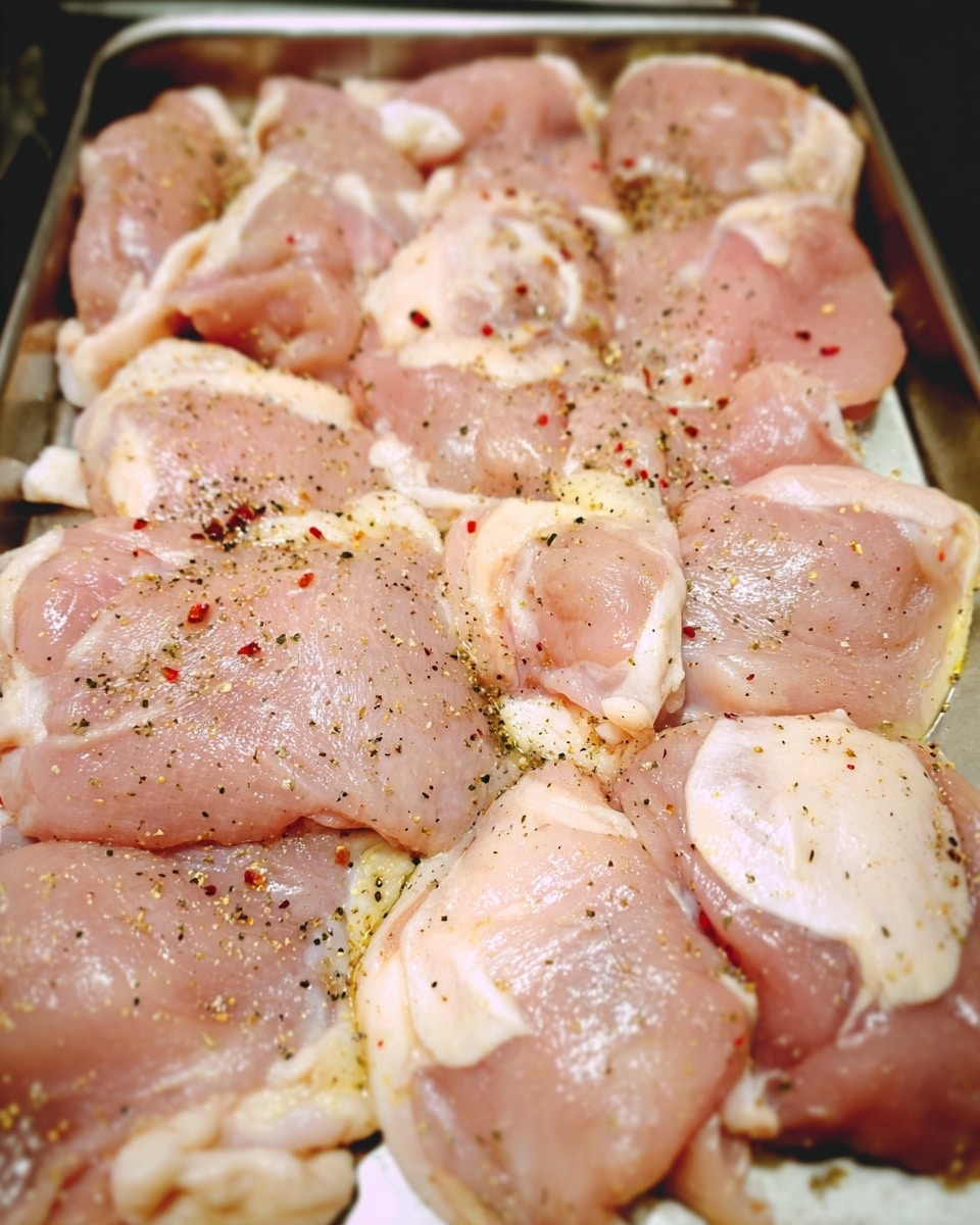 A metal tray filled with pale pink raw chicken thighs arranged closely together, showing a mix of smooth and slightly fatty textures; the chicken is sprinkled with black pepper and a few red chili flakes, with a light sheen of oil giving a glossy look on each piece. The white marbled surface is visible around the edges of the tray. photo taken with an iphone --ar 4:5 --v 7