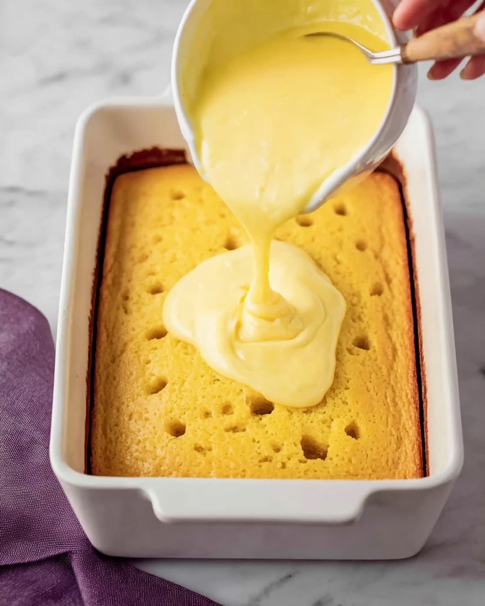 A white rectangular baking dish holds a golden brown cake layer with several small holes on top. A woman's hand is seen from the right side holding a white bowl with creamy yellow pudding, pouring it evenly over the cake layer. The cake looks moist and slightly spongy with a warm tone, while the pudding is smooth and thick with a shiny texture. The dish is placed on a white marbled surface with a purple cloth partially visible at the bottom left. photo taken with an iphone --ar 4:5 --v 7