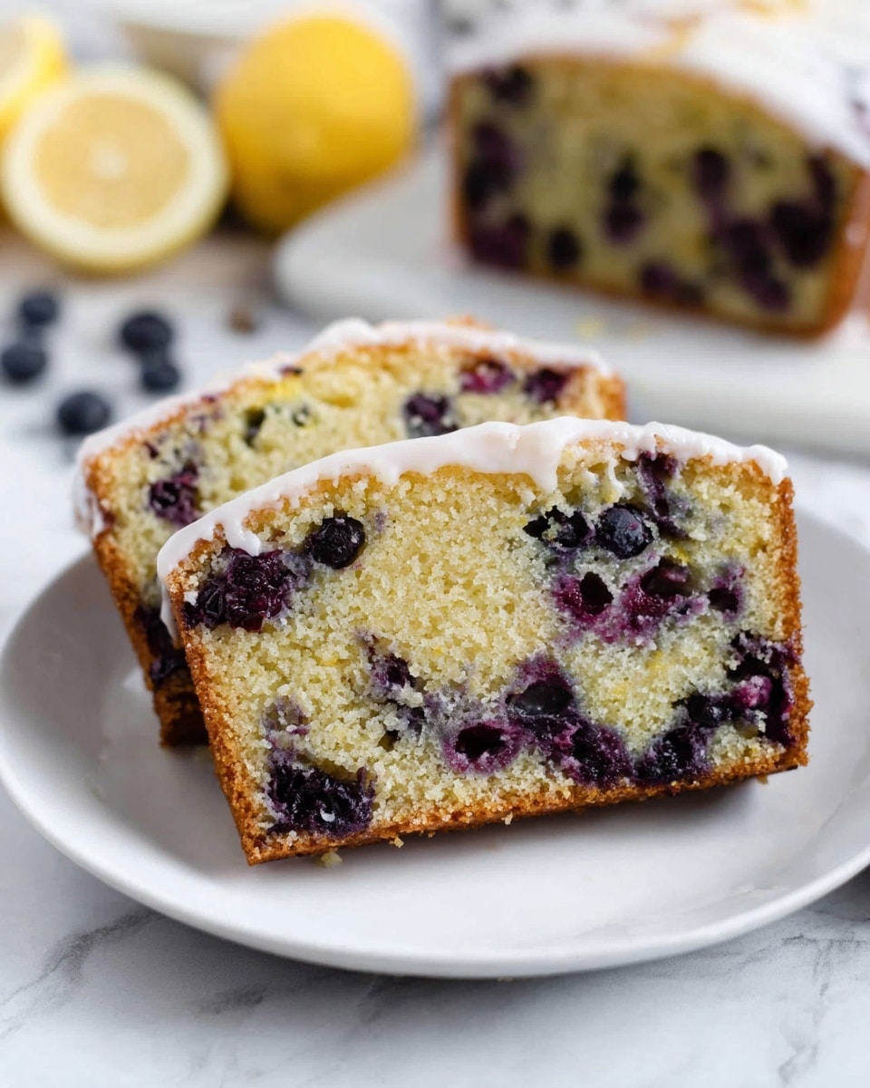 The image shows three slices of blueberry loaf cake placed closely together on a white plate. Each slice has two visible layers: the main cake body, which is light yellow with scattered dark purple blueberries inside, and a thin white icing layer running along the top edge of each slice. The texture of the cake looks soft and crumbly, while the blueberries add a moist and juicy appearance. In the blurred background, parts of the remaining loaf, lemon slices, and some blueberries can be seen on a white marbled surface. photo taken with an iphone --ar 4:5 --v 7