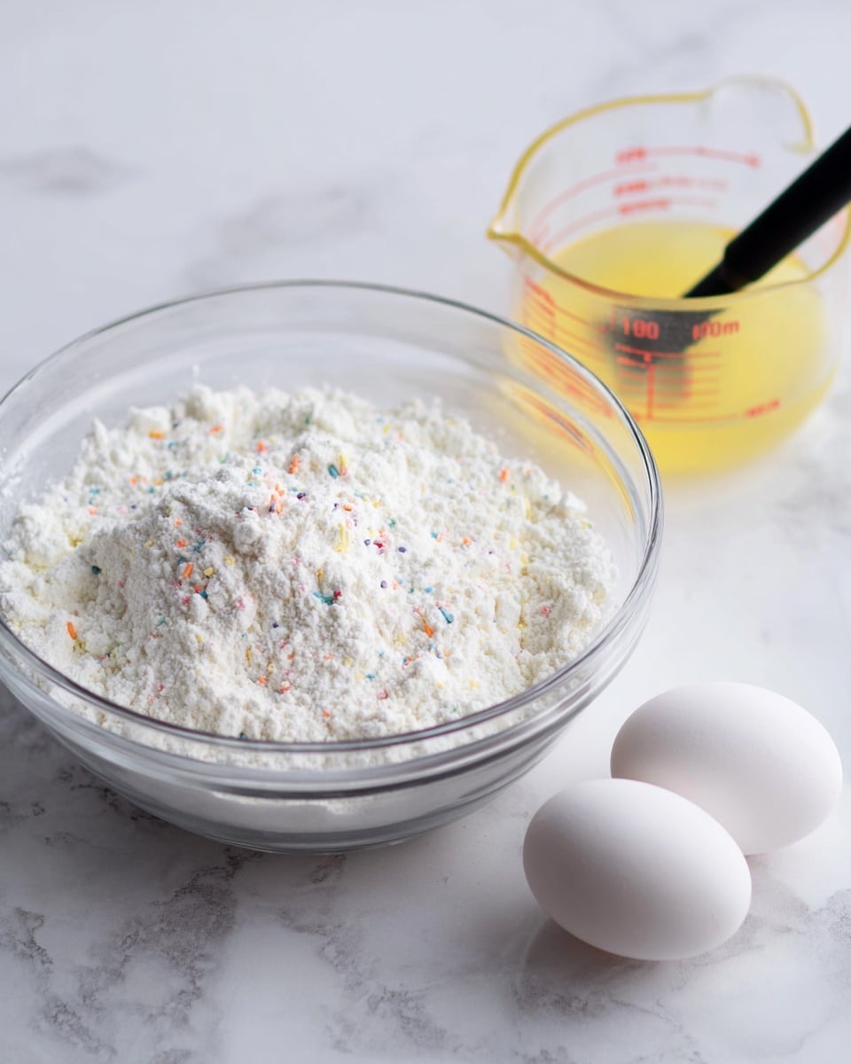 A clear glass bowl filled with white flour mixed with small colorful sprinkles sits on a white marbled surface, surrounded by two white eggs placed in front of the bowl. To the right of the bowl, there is a clear measuring cup holding a light yellow liquid with a black spoon resting against the cup. The entire scene is bright and clean, focused on the baking ingredients. photo taken with an iphone --ar 4:5 --v 7