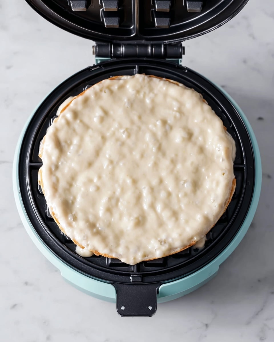 A thick, uneven layer of pale, creamy batter fills the shallow round grid of a teal waffle maker, with some batter slightly overflowing the edges and settling into the grid’s indentations. The waffle maker is open, showing the black non-stick surface beneath the batter. The scene is set on a smooth white marbled surface under soft, natural light. photo taken with an iphone --ar 4:5 --v 7