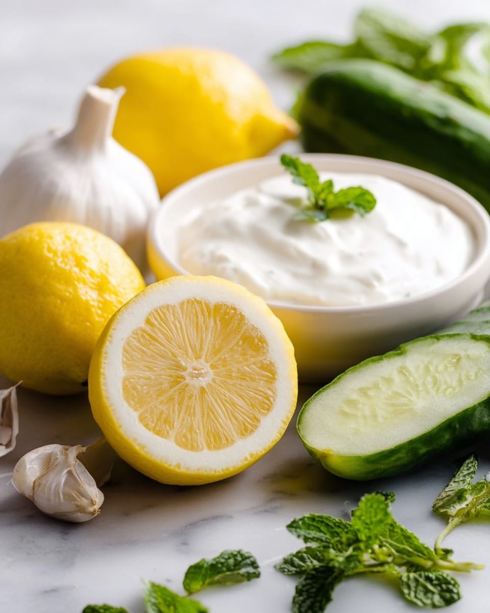 The image shows fresh ingredients on a white marbled surface. There is one whole bright yellow lemon and one lemon half with pale yellow juicy segments in the front center. Next to the lemon, there is a garlic bulb with a light brown tip. Behind the lemon, there is a white bowl filled with thick white creamy yogurt with a small green dill sprig on top. To the right, a cucumber is shown cut into pieces with a fresh green skin and light green inside. Fresh green mint leaves are scattered near the cucumber. The whole scene is bright and fresh, with natural textures. Photo taken with an iphone --ar 4:5 --v 7