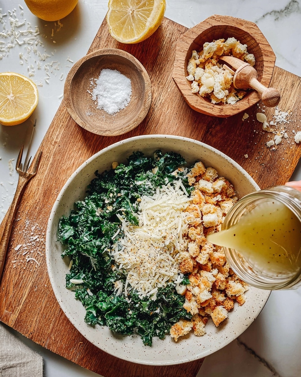The image shows a large white bowl filled with three main layers: at the bottom are dark green curly kale leaves, topped on one side with a pile of light-colored grated cheese, and on the other side with a generous amount of golden-brown crunchy crumbled bread pieces. A golden-yellow liquid dressing with visible black pepper is being poured over the bowl from a glass jar held by a woman's hand. The bowl sits on a wooden cutting board, which also holds a rustic wooden citrus juicer, two lemon halves (one squeezed), a small bowl of coarse white salt, and a small bowl with more crumbled bread pieces. The background surface is a white marbled texture. Photo taken with an iphone --ar 4:5 --v 7