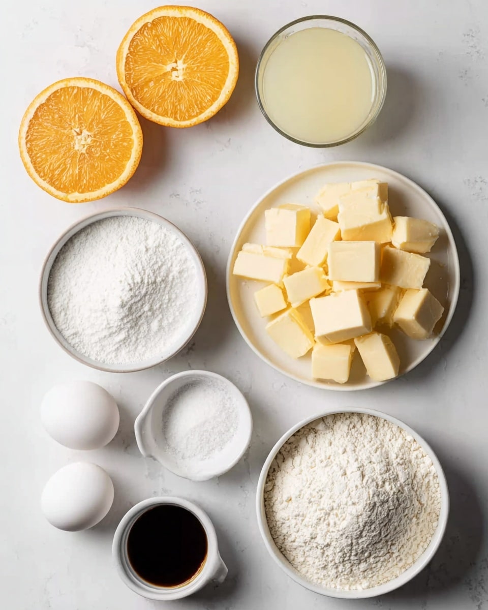 The image shows several ingredients laid out on a white marbled surface. There are two halves of an orange placed at the top left corner, bright and juicy with a vivid orange color. Next to them is a clear glass filled with a pale yellow liquid. Below the orange halves, there's a medium white bowl filled with fine white sugar. To the right of the sugar bowl is a small white plate piled with many small cubes of pale yellow butter. Above the butter, there is a tiny white bowl containing coarse salt and a split eggshell. Below the butter plate, a small white cup holds a dark brown liquid. At the bottom left of the image, three white eggs are grouped together. In the center bottom, a medium white bowl is full of white flour with a soft, powdery texture. All items are neatly spaced, making the colors and textures easy to see. photo taken with an iphone --ar 4:5 --v 7