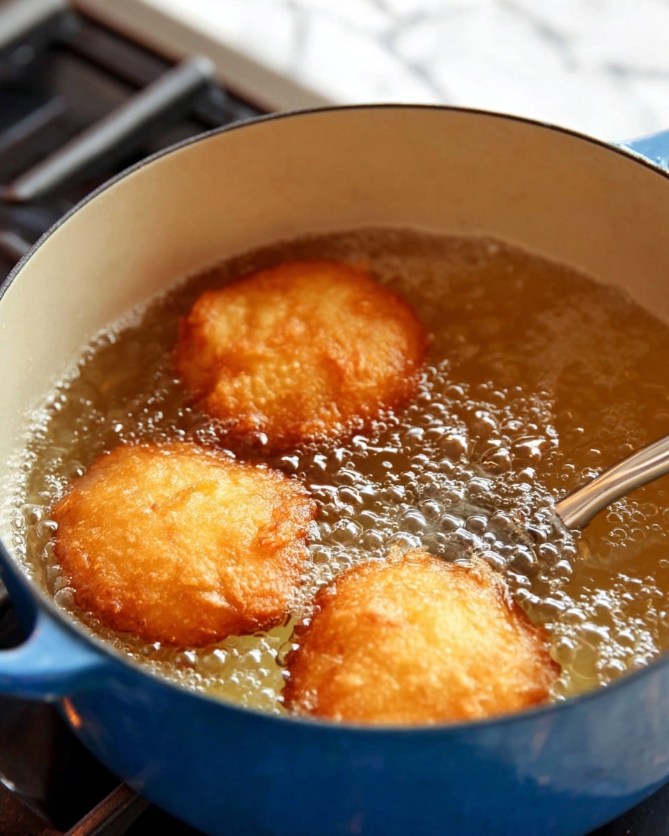 The image shows three golden brown fried dough pieces floating in bubbling hot oil inside a blue pot with a light interior. The dough pieces have a slightly irregular round shape with textured, crispy surfaces. The oil bubbles actively around them, creating small craters and movement in the liquid. A metal tool is visible on the right side of the pot, partially submerged in the oil. The pot sits on a stove with a shiny black surface and a white marbled countertop in the blurred background. photo taken with an iphone --ar 4:5 --v 7