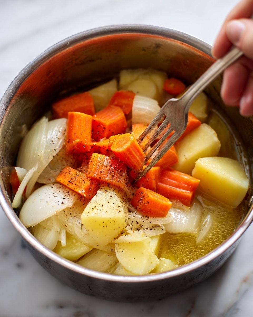 This image shows a close-up of a stainless steel pot filled with three layers of cooked vegetables. The bottom layer consists of soft, translucent white onions, the middle layer has large pieces of pale yellow potatoes, and the top layer is made up of bright orange carrot chunks. The vegetables look moist with a light broth or sauce pooling at the bottom. There is a woman's hand holding a fork in the upper part of the pot, pressing down on the vegetables. Black pepper is sprinkled over the top. The pot sits on a white marbled surface photo taken with an iphone --ar 4:5 --v 7