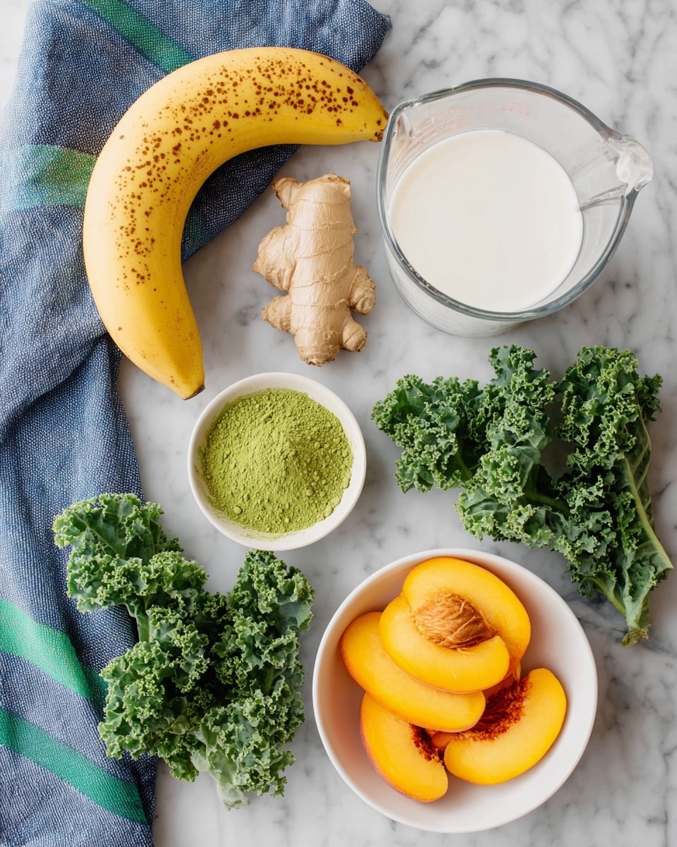 The image shows several fresh ingredients placed on a white marbled surface: a whole yellow banana with brown spots on the left, a clear glass measuring cup filled with white milk on the top left, a piece of light brown ginger root below the milk, a small white bowl with bright green matcha powder in the center, a white bowl at the bottom with sliced yellow and orange peaches, and three large curly green kale leaves spread on the right side. There is also a folded blue cloth with green stripes at the top. photo taken with an iphone --ar 4:5 --v 7