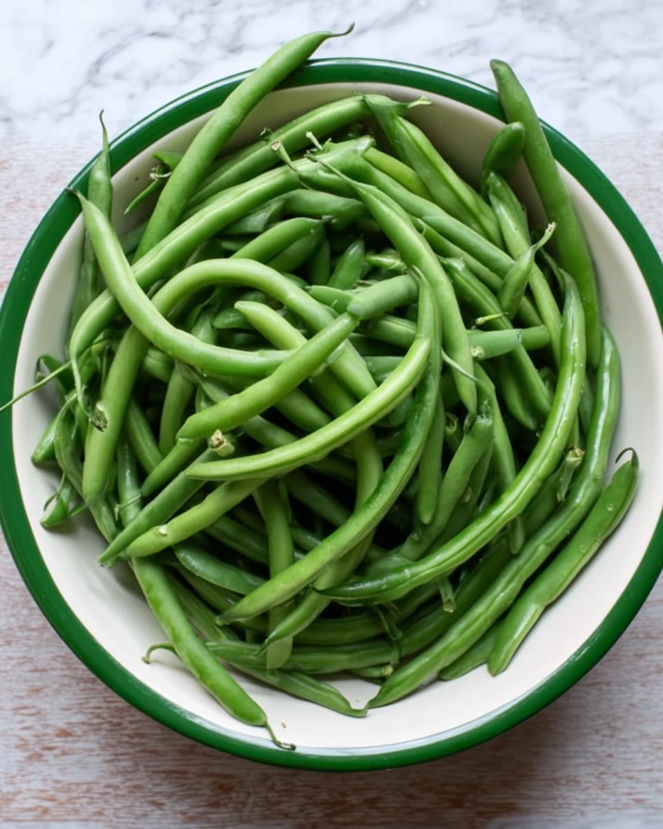 A white bowl with a green rim is filled with many fresh, bright green beans. The beans are long and thin, layered in a loose pile that fills the bowl fully. The green beans have a smooth texture with some small stems visible at the ends. The bowl sits on a white marbled surface. Photo taken with an iphone --ar 4:5 --v 7