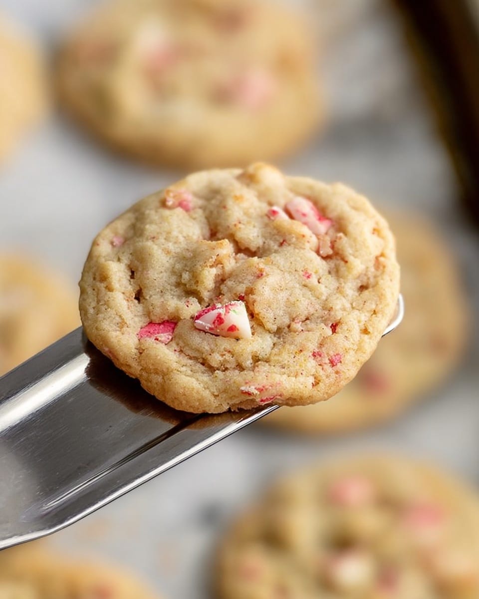 A close-up view of a single light golden cookie with small pink and cream pieces mixed inside, held by a metal spatula over a baking tray with more cookies blurred in the background, all placed on a white marbled surface. The cookie has a soft texture with some small cracks, showing the embedded colorful pieces throughout. Photo taken with an iphone --ar 4:5 --v 7