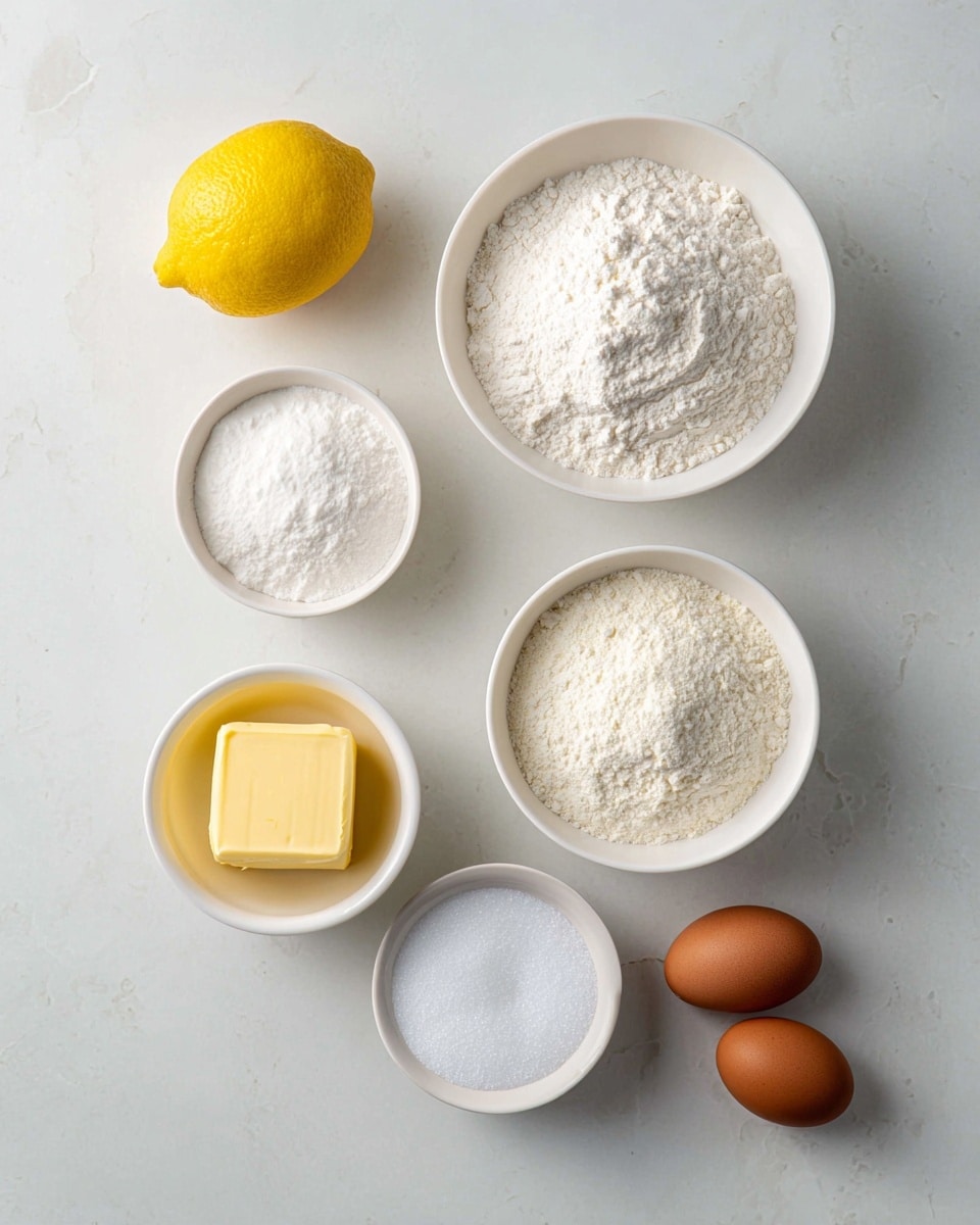 The image shows seven white bowls and a whole bright yellow lemon arranged on a white marbled surface. The top row has a whole lemon on the left and a small white bowl with a white powder in the center. Below them, there is a larger white bowl filled with white flour on the left and another white bowl filled with white powder on the right. The third row has a small white bowl with a yellow block of butter on the left and a white bowl with two brown eggs on the right. At the bottom, there is a small white bowl filled with granulated white sugar. The scene is bright and clear, with no other items visible, photo taken with an iphone --ar 4:5 --v 7