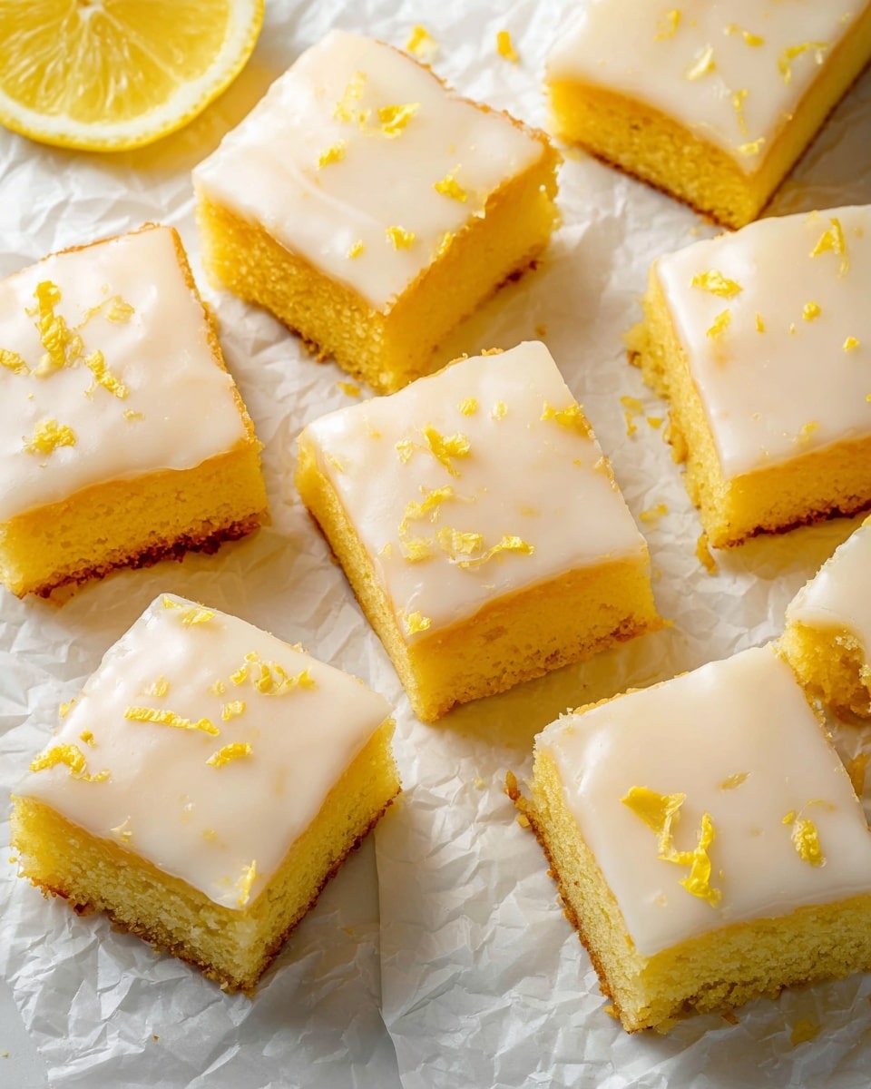 The image shows several lemon bars cut into neat rectangles arranged on a white marbled surface. Each bar has two main layers: the bottom layer is a thick, soft, and dense cake with a light yellow color, while the top layer is a smooth, pale lemon glaze with a glossy finish. Small pieces of bright yellow lemon zest are sprinkled on top of the glaze, adding a fresh, textured look. The bars are closely placed but not touching, and the focus is sharp on the front bar with the others softly blurred in the background. photo taken with an iphone --ar 4:5 --v 7