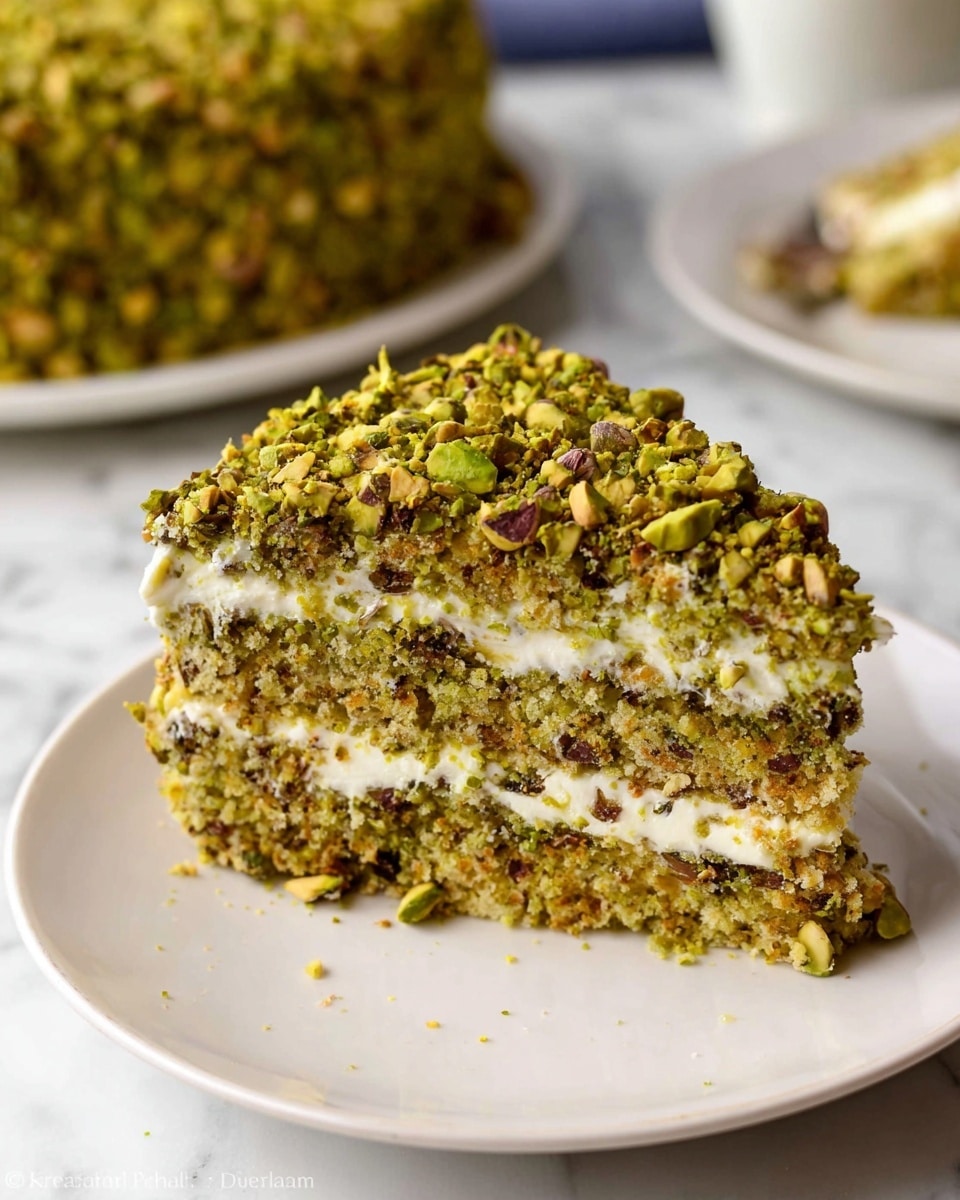 A slice of cake sits on a white plate placed on a white marbled surface, showing three thick layers of crumbly pistachio pieces mixed with cream. The top layer is fully coated with chopped green pistachios, giving a rough, chunky texture, while the inside layers show a mix of green and light cream colors with bits of nuts and some thin white cream lines separating the pistachio layers. In the background, the rest of the cake covered with the nut topping is slightly out of focus but visible on another white plate. Photo taken with an iphone --ar 4:5 --v 7