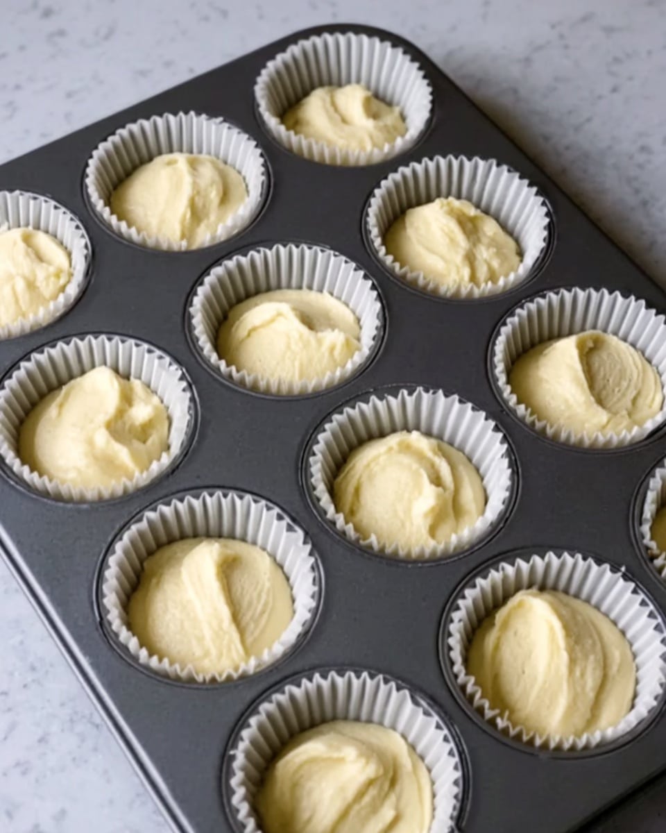 A dark gray muffin tray holds twelve white paper liners filled with pale yellow batter, each liner mostly full with the batter spread unevenly but smoothly inside. The tray sits on a white marbled surface and the lighting softly highlights the creamy texture of the batter. The batter layers look soft and thick, creating small peaks and gentle curves in each liner. Photo taken with an iphone --ar 4:5 --v 7