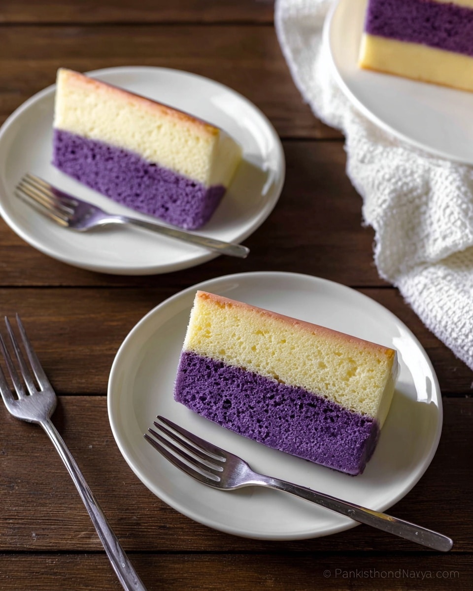The image shows two white plates each holding a slice of cake with two layers: a bottom purple layer with a soft and airy texture, and a top light yellow layer that looks smooth and creamy. The cake slices are positioned in the center of each plate, placed on a dark wooden table. Two silver forks sit beside the bottom plate, crossing slightly. In the top right corner, part of the whole cake with the same two layers is visible on a white plate, resting on a white textured cloth. Photo taken with an iphone --ar 4:5 --v 7