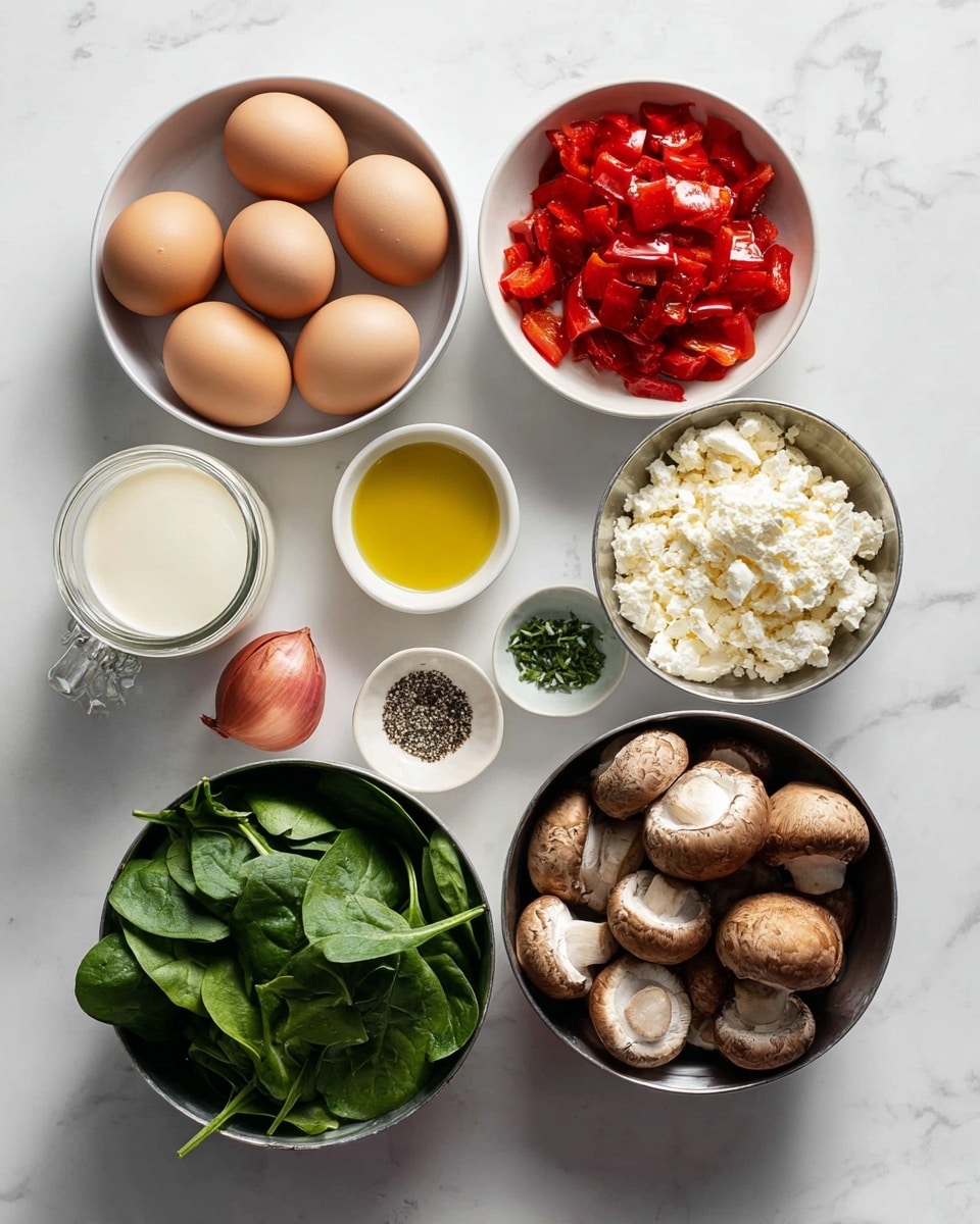 The image shows various cooking ingredients neatly arranged on a white marbled surface. In the top left, there is a white bowl with six brown eggs. To the right, a shiny metal bowl holds bright red chopped roasted peppers. Below the eggs, a small white bowl contains golden olive oil, and next to it, a metal bowl is filled with crumbled white cheese. To the right of the cheese, a white bowl contains whole brown mushrooms. Below the mushrooms, there is a glass jar with a clear liquid, probably milk or cream. In the bottom left corner, a metal bowl is full of fresh green spinach leaves. Near it, a shallot and a garlic clove are placed side by side. To the right, a small white bowl is filled with half black pepper and half salt, and next to it, another tiny white bowl holds chopped green herbs. Photo taken with an iphone --ar 4:5 --v 7