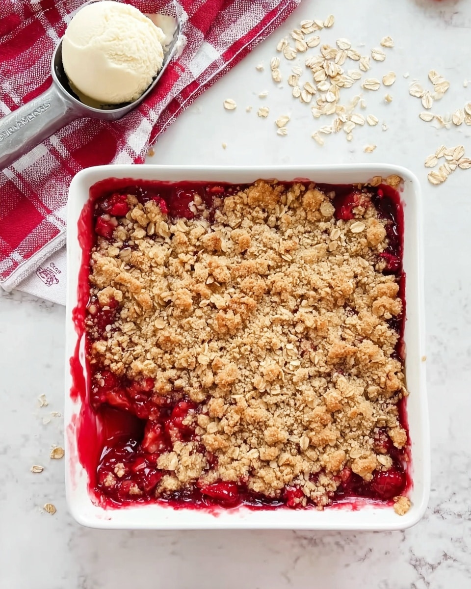 A square white baking dish filled with a two-layer dessert is placed on a white marbled surface. The bottom layer is a bright red, juicy berry filling that slightly leaks around the edges, looking soft and syrupy. On top, there is a thick, unevenly spread crumble layer made of golden brown oats and brown sugar, with a crunchy texture visible. To the upper left, there is a scoop of light cream-colored ice cream on a metal ice cream scooper, resting on a red and white checkered cloth. Some loose oats are scattered around the dish. Photo taken with an iphone --ar 4:5 --v 7