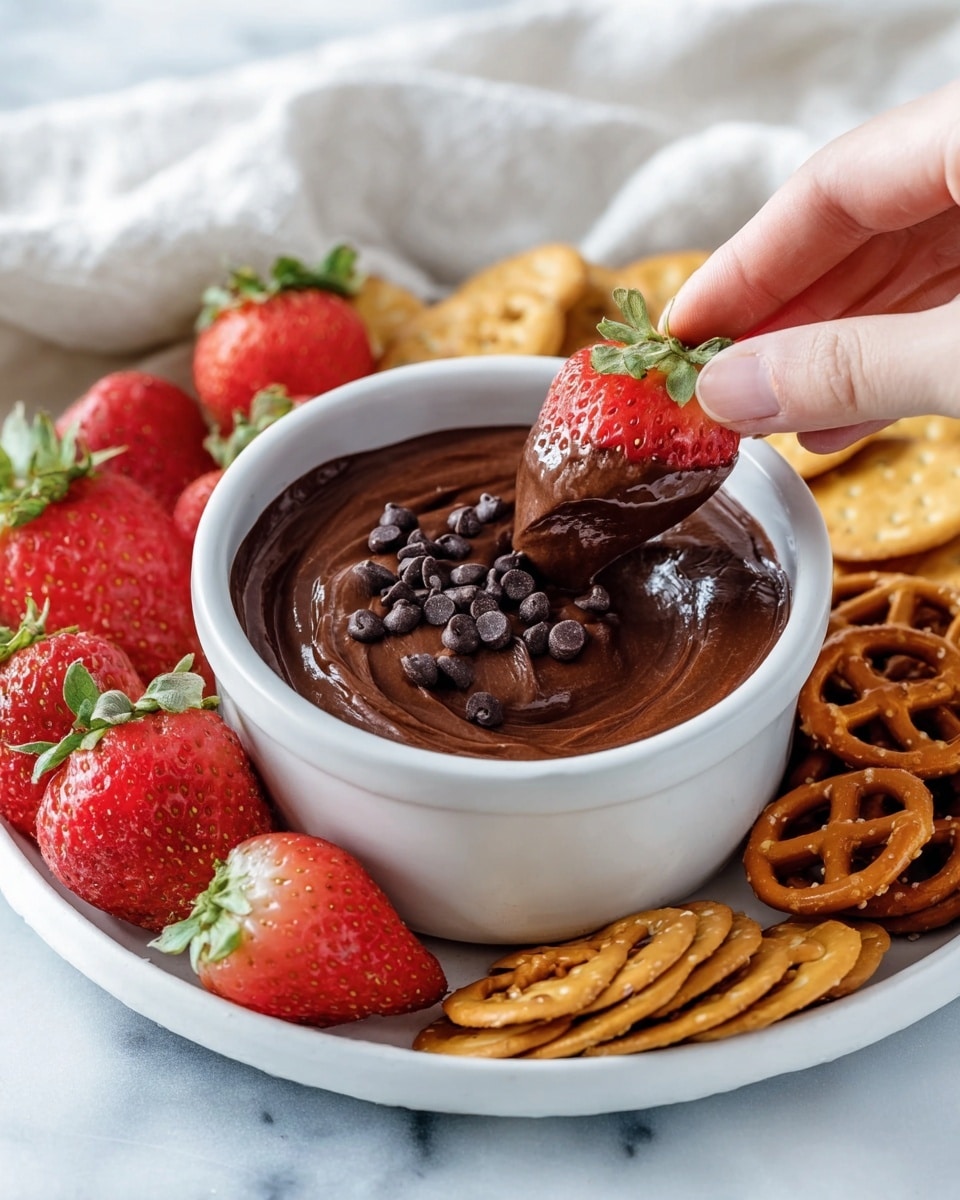 A white bowl filled with thick, smooth dark brown chocolate dip topped with small dark chocolate chips is placed on a white plate. Around the bowl on the plate are bright red strawberries with green leaves and golden round crackers along with crispy pretzels. A woman's hand is picking up one strawberry from the plate, dipping it slightly into the chocolate. The scene is set on a white marbled surface with a light cloth partly visible in the background. photo taken with an iphone --ar 4:5 --v 7