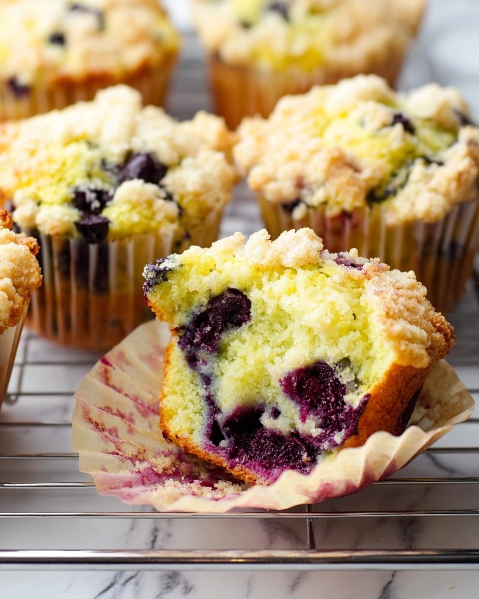The image shows several blueberry muffins on a metal cooling rack over a white marbled surface. One muffin at the front is partially open, showing a soft yellow inside filled with dark purple blueberries, with a slightly crumbly light brown topping. The muffin liner is beige with some berry stains. The other muffins in the background are whole, with a similar crumbly top studded with blueberries. The lighting is bright, highlighting the texture and colors of the muffins photo taken with an iphone --ar 4:5 --v 7