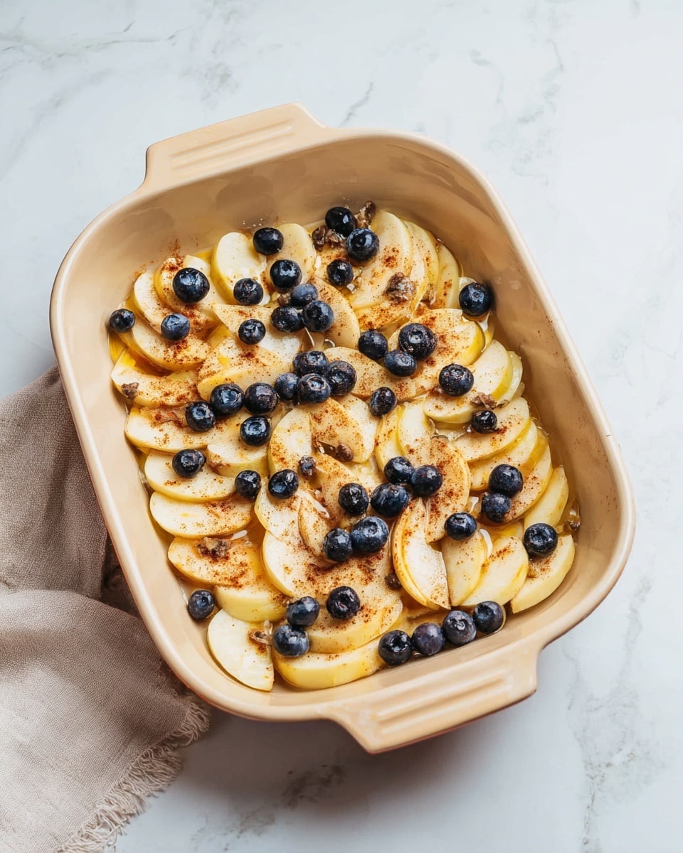 A beige baking dish filled with a mix of sliced light yellow apples spread evenly on the bottom layer, topped with scattered whole dark blue blueberries. The apple slices have a light drizzle of golden syrup and a dusting of brown cinnamon powder over them. The dish sits on a white marbled surface next to a folded pale beige cloth napkin. Photo taken with an iphone --ar 4:5 --v 7