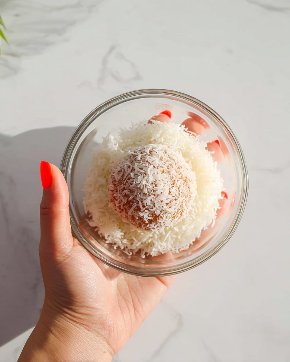 A clear glass bowl holds a round brown ball partially covered with white shredded coconut inside it, forming one layer. The bowl is held by a woman's hand with bright orange nail polish, visible from the bottom right side of the image. The background is a white marbled surface with soft lighting that highlights the textures of the coconut and the smoothness of the ball. Photo taken with an iphone --ar 4:5 --v 7