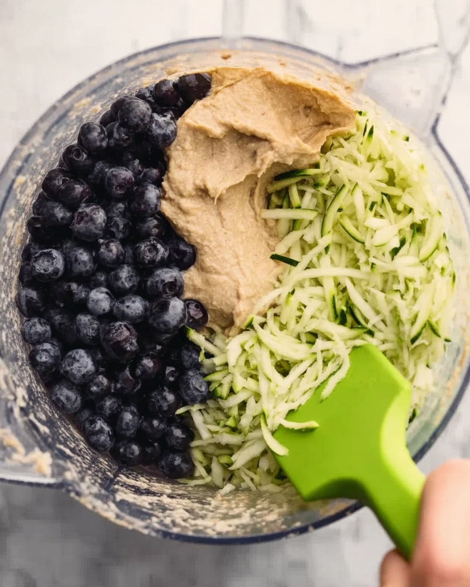 The image shows a close-up top view of a clear blender jar with three main layers inside. On the left side is a dense pile of small dark blue blueberries, the middle area is a beige creamy mixture evenly spread, and on the right side are thin, shredded light green pieces of zucchini. A woman's hand is holding a green spatula, scooping the beige mixture. The blender jar sits on a white marbled surface. Photo taken with an iphone --ar 4:5 --v 7