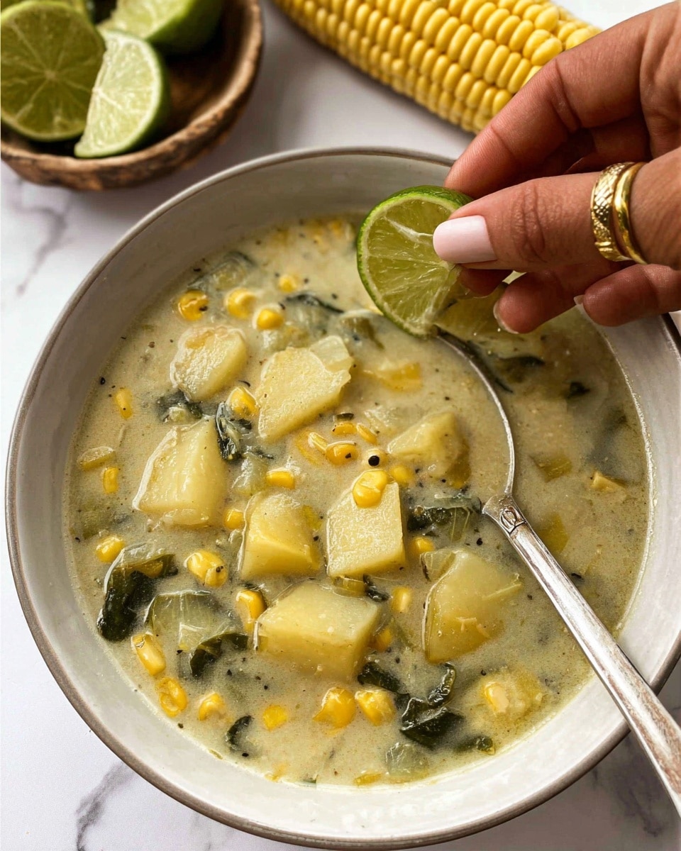 A white bowl with a thin gray rim holds a thick soup that has three main layers: a light greenish creamy broth base with visible small black herbs, medium-sized chunks of pale yellow potato scattered throughout, bright yellow corn kernels, and dark green leafy pieces mixed in. A silver spoon rests inside the bowl on the right side. A woman's hand wearing a gold ring is squeezing a small lime wedge above the soup, with the lime's light green outside and pale yellow inside visible. The bowl sits on a white marbled surface, with an ear of yellow corn and a small rustic brown bowl filled with lime wedges blurred in the background. Photo taken with an iphone --ar 4:5 --v 7