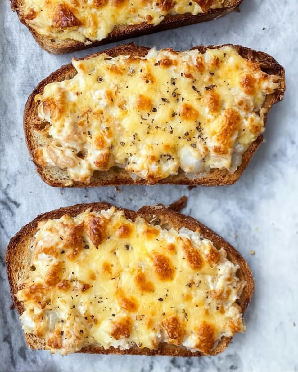The image shows three slices of toasted bread laid out on baking paper over a white marbled surface. Each toast is covered with a melted, golden-yellow cheese layer that has small browned spots, giving a bubbly and slightly crispy texture on top. Beneath the cheese, there is a creamy mixture with chopped light-colored ingredients, possibly onions or chicken, and bits of black pepper sprinkled over the top. The edges of the bread are crisp and browned, contrasting with the creamy and cheesy topping. Photo taken with an iphone --ar 4:5 --v 7