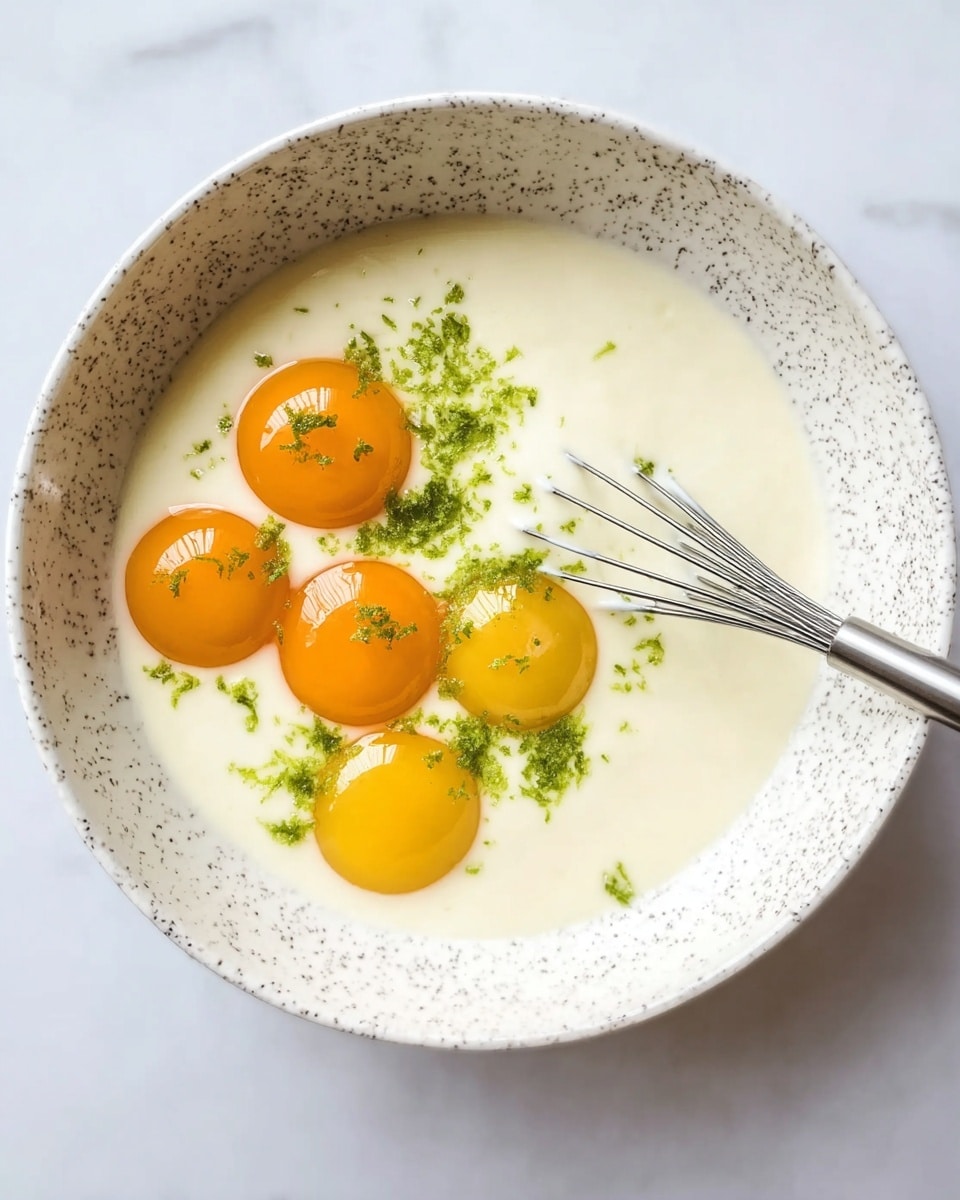 A white speckled bowl contains a smooth thick cream-colored mixture with five egg yolks resting on top in a cluster, with three yolks a bright deep orange and two yolks a lighter yellow. Around and on the yolks are small bits of bright green lime zest scattered lightly. A silver metal whisk is placed inside the bowl on the right side, partially submerged in the mixture. The bowl is set on a white marbled surface. photo taken with an iphone --ar 4:5 --v 7