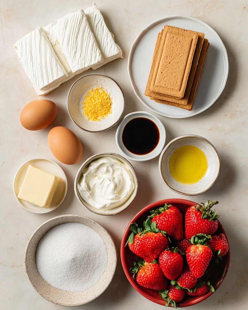 The image shows eight ingredients arranged on a white marbled surface. At the top left, there are two open packs of cream cheese with white soft texture exposed. To the right, a white plate holds a stack of four rectangular brown graham crackers, with two small white bowls filled with dark vanilla extract and bright yellow lemon zest below them. Below the cream cheese, there is a stick of pale yellow butter. To the left center, two brown eggs sit side by side. In the middle, a white speckled bowl is filled with white granulated sugar. At the bottom left, a bowl with creamy white sour cream, and beside it, a smaller bowl with yellow oil completes the setup. On the bottom right, a reddish bowl holds a bunch of fresh bright red strawberries with green leaves. Photo taken with an iphone --ar 4:5 --v 7