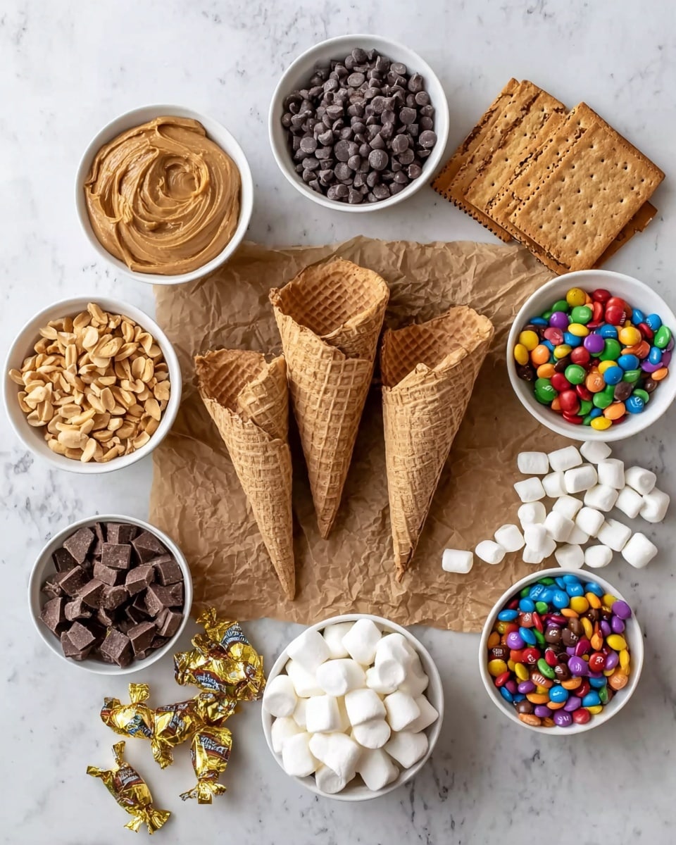The image shows three empty waffle cones placed in the center on a piece of crumpled brown paper on a white marbled surface, surrounded by eight small white bowls filled with various toppings. Starting from the top left and moving clockwise, the first bowl contains smooth peanut butter in a light brown shade, the next holds dark chocolate chips, followed by a few rectangular graham crackers stacked neatly. To the right, there is a bowl filled with small peanut butter cup pieces, next a bowl with white mini marshmallows, some marshmallows are scattered outside the bowl on the surface. Continuing around, there is a bowl with roasted peanuts, near to it is a bowl of chocolate-covered malt balls or similar candy, and just above it a bowl full of colorful candy-coated chocolates. Three small wrapped caramels are scattered near the bowls on the white marbled surface. The whole scene is bright and organized, showcasing a variety of textures and colors around the waffle cones. photo taken with an iphone --ar 4:5 --v 7