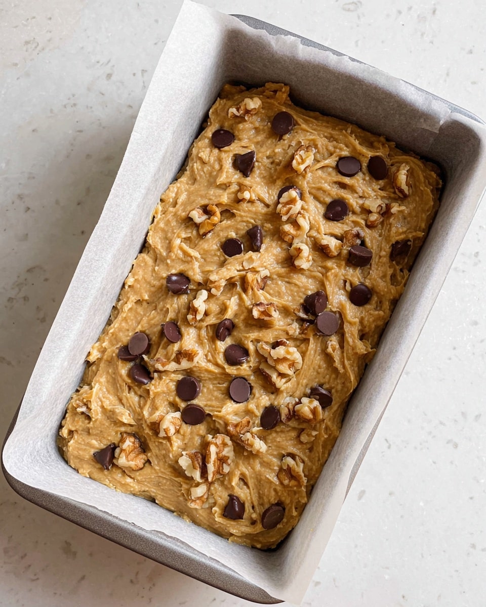 The image shows a baking pan lined with white parchment paper filled with one thick layer of light brown batter mixed with visible chunks and swirls. On top of the batter, there are scattered dark brown chocolate chips and light brown walnut pieces, adding texture and spots of darker color. The baking pan sits on a white marbled surface, and the batter looks soft and ready to bake. Photo taken with an iphone --ar 4:5 --v 7
