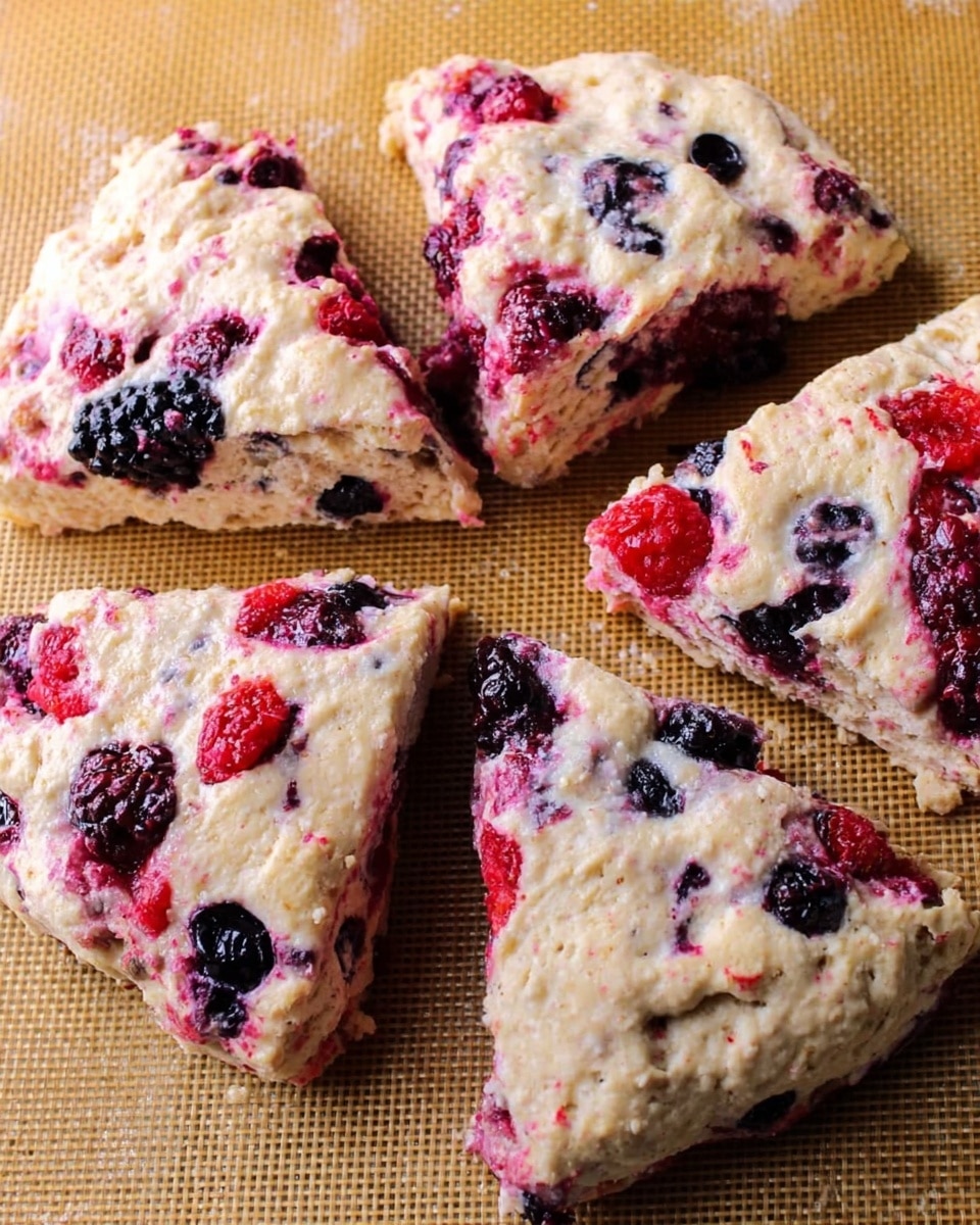 The image shows a round scone made with mixed berries, divided into six triangular pieces arranged in a circle. The scone dough is light beige with a rough texture, filled generously with whole and partially visible blackberries, raspberries, and blueberries that add spots of deep purple, bright red, and dark blue throughout each piece. The scone sits directly on a beige baking mat, which has a grid-like pattern. One piece is slightly separated from the others, making the gaps clear between each slice. The scene is simple with no other items visible. Photo taken with an iphone --ar 4:5 --v 7