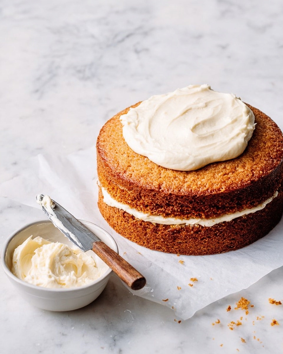 A two-layer round cake with a golden brown, slightly rough texture on the top and sides is shown. The middle layer and a dollop on the top layer consist of creamy white frosting, smooth and thick. Next to the cake is a small white bowl filled with more white frosting and a knife with a wooden handle resting on the bowl, the knife blade has some frosting on it. The cake and bowl rest on white parchment paper placed on a white marbled surface with a few crumbs scattered near the cake. Photo taken with an iphone --ar 4:5 --v 7