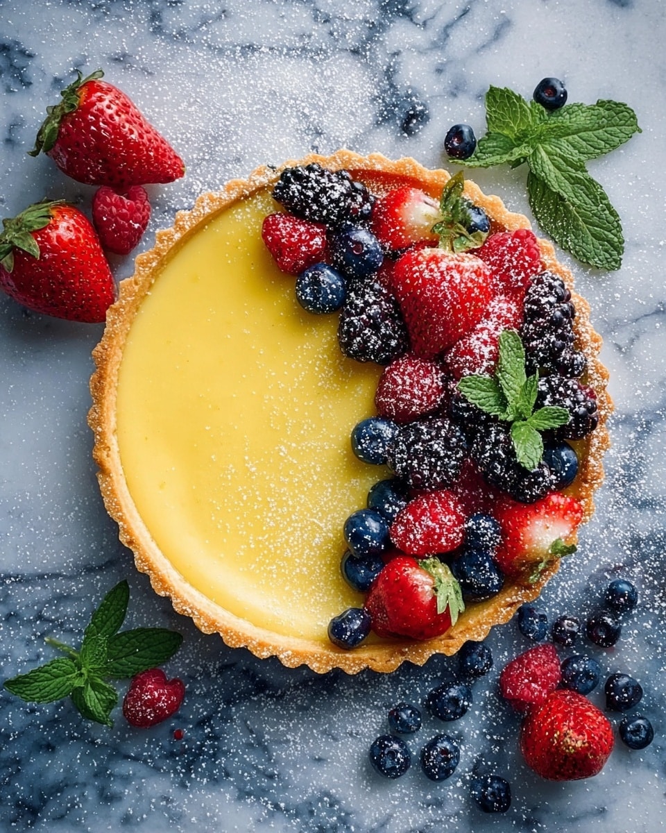 A round tart with a golden brown, slightly ruffled crust holds a smooth, bright yellow custard filling. On one half of the tart's surface, there is a dense cluster of fresh mixed berries including red strawberries, dark blackberries, deep blue blueberries, and red raspberries, lightly dusted with powdery white sugar. Bright green mint leaves are scattered among the berries for contrast. The tart is placed on a white marbled surface. Photo taken with an iphone --ar 4:5 --v 7