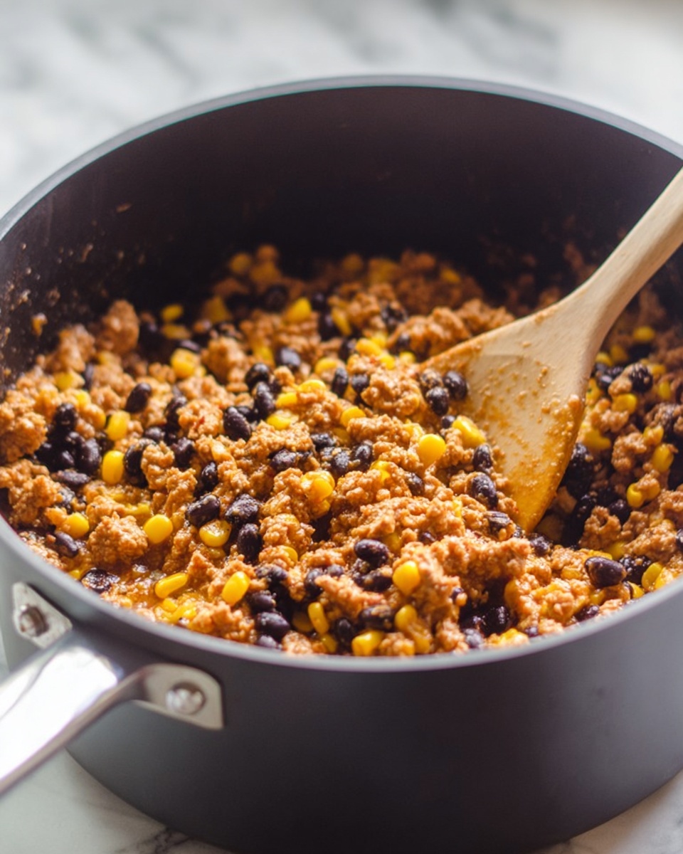 A large black pot filled with a mix of ground meat, yellow corn kernels, and black beans. The mixture has a slightly wet texture and is being stirred with a light wooden spoon. The meat is light brown and crumbly, while the yellow corn and shiny black beans are evenly spread throughout. The pot's handle is visible on the left side, and the background is softly blurred with a white marbled texture. photo taken with an iphone --ar 4:5 --v 7