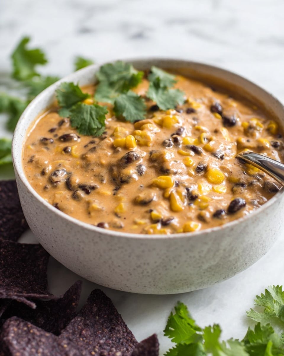 A textured white bowl filled with a creamy, thick dip showing layers of black beans and yellow corn mixed into a light brown sauce. The surface of the dip is lumpy with visible beans and corn pieces, and the bowl is garnished with fresh green cilantro leaves placed on top. Around the bowl, there are dark purple chips scattered on a white marbled surface. A spoon is partially immersed in the dip from the right side. Photo taken with an iphone --ar 4:5 --v 7